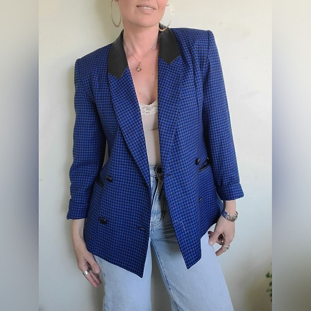 Sebastian Wool + Leather Vintage Houndstooth Blazer S-M